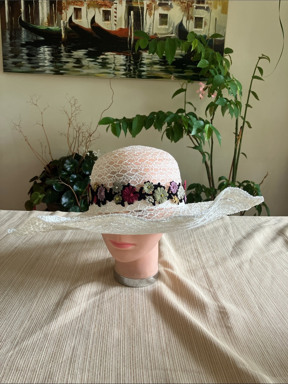 Chic Lace Like Cream Hat with Floral Trim